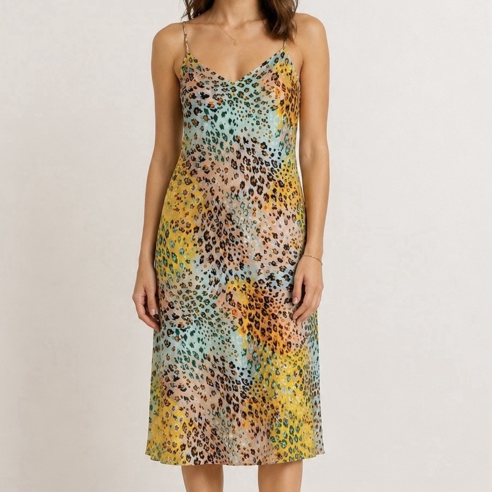 Everly Leopard Print Slip Cami Midi Dress Satin Multicolor Shiny Silky Small